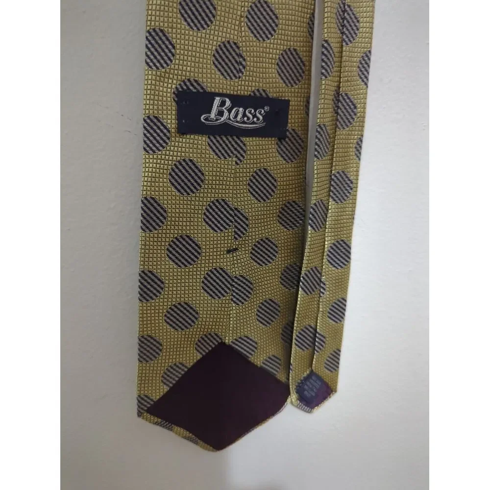 Bass Mens Gold‎ Silk Tie Geometric Striped Circle Pattern Italian Fabric Necktie - Picture 3 of 5